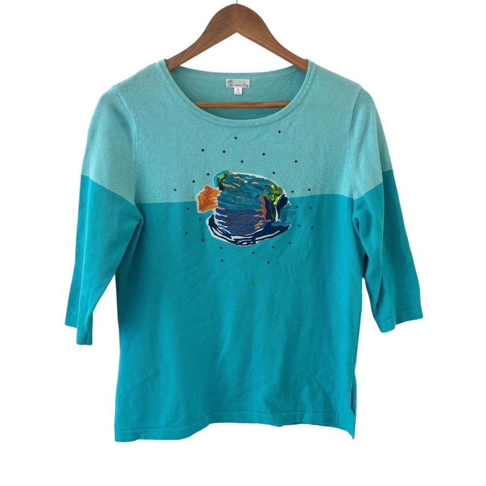 Cabana Cay Tropical Fish Sequin Sweater Womens S Blue Beachy Resort 3/4 Sleeve